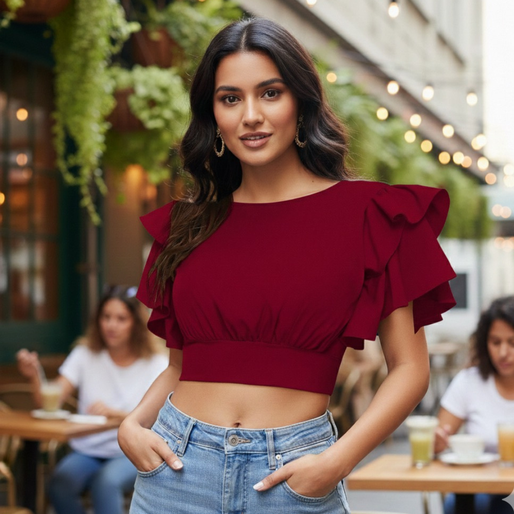 Ruffle Sleeve Burgundy Crop Top