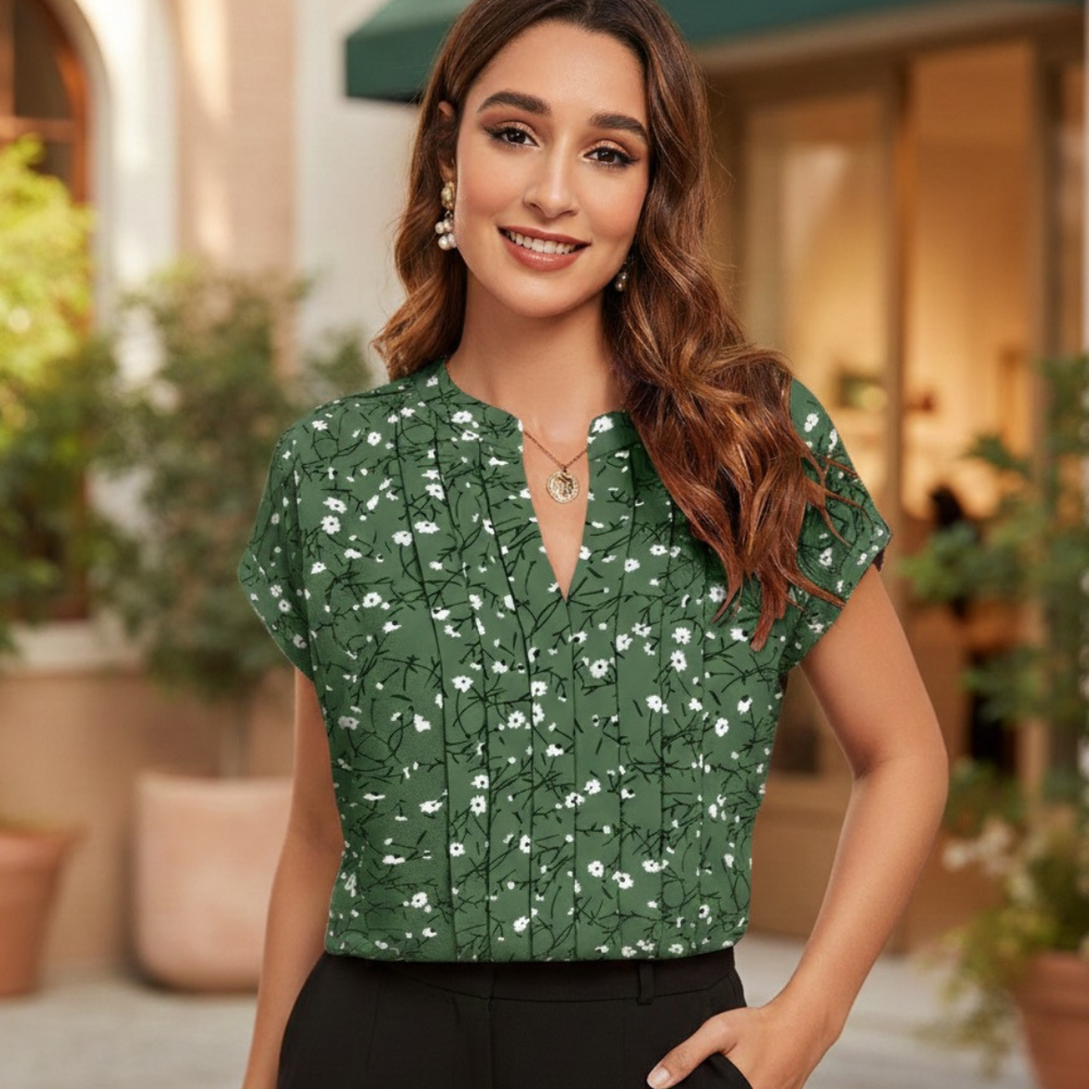 Floral Pleated V-Neck TOP