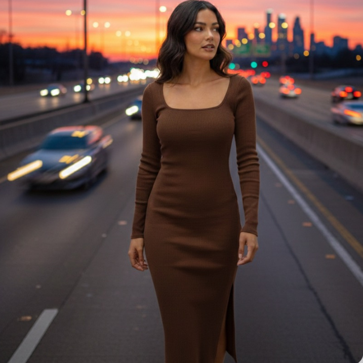 Square Neck Long Sleeve Slit Midi Dres
