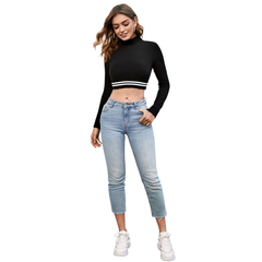 Sporty Striped Mock Neck Crop Top