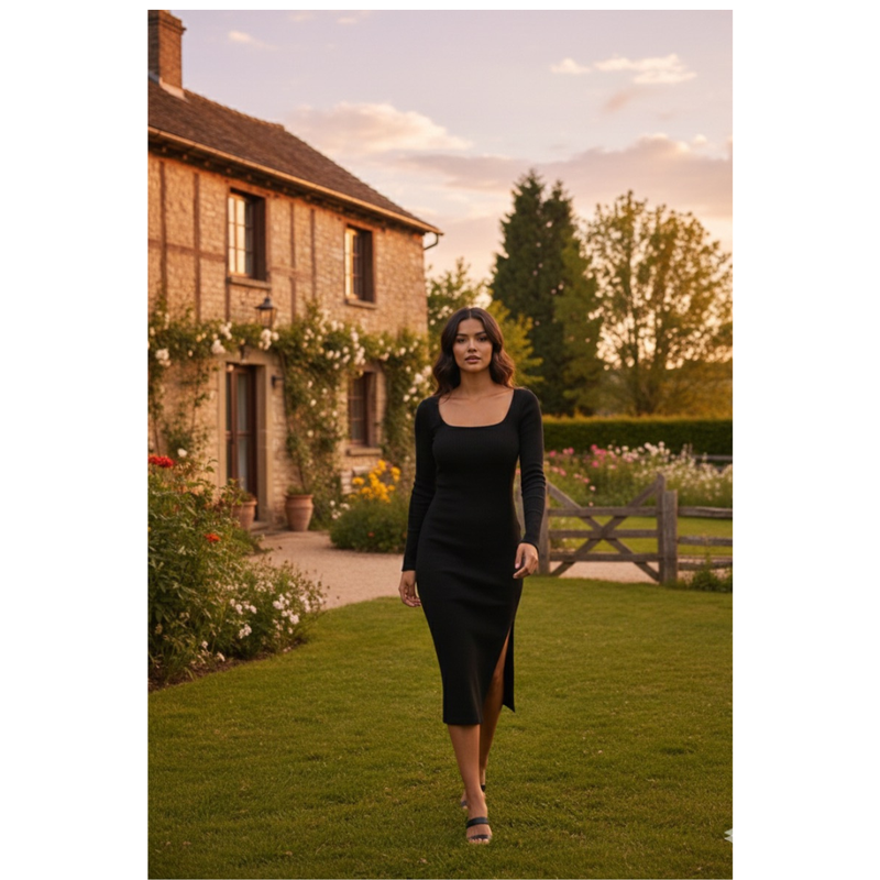 Square Neck Long Sleeve Slit Midi Dress-DZ-17