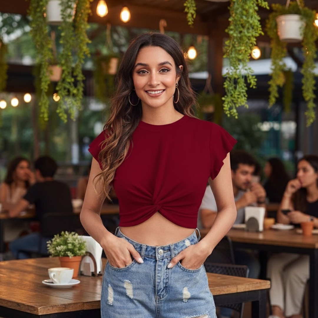 Twist Front Flutter Sleeve Crop Top