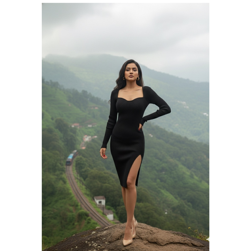 Long Sleeve Slit Bodycon Midi Dress-DZ-18