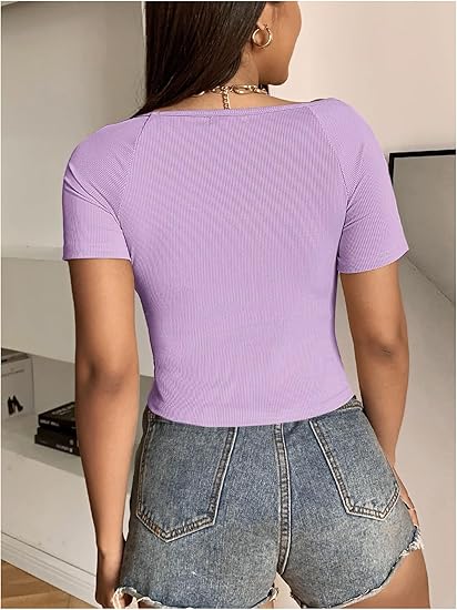 Square Neck Ribbed Cropped Top Short Sleeve DZ-2