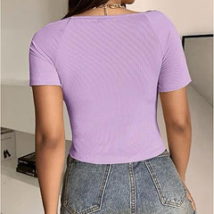 Square Neck Ribbed Cropped Top Short Sleeve DZ-2