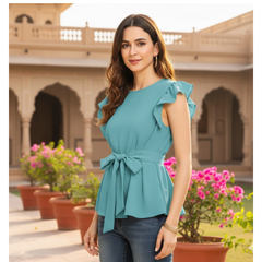 Sleeve Belted Peplum Top-DNK