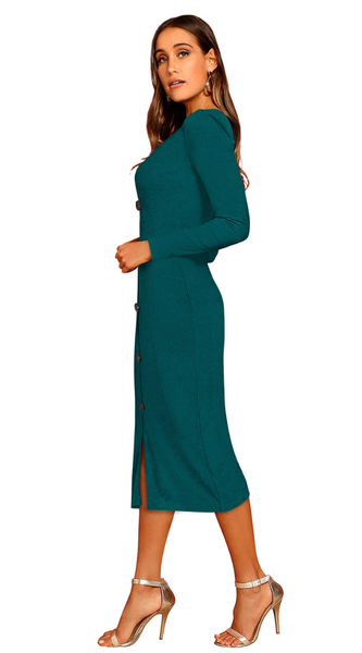 Teal Button-Front Bodycon Midi