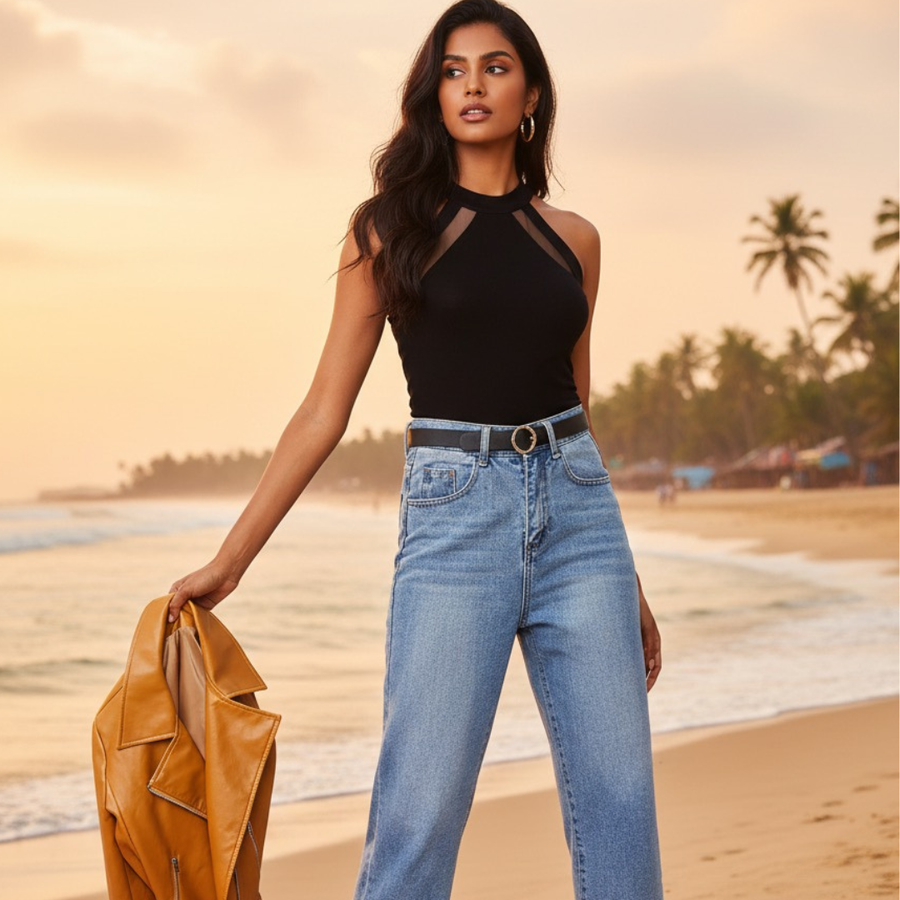 Chic Black Mesh Panel Halter Neck Top