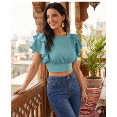 Ruffle Sleeve Burgundy Crop Top-DNK