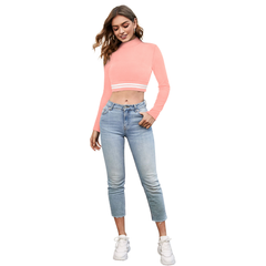 Sporty Striped Mock Neck Crop Top-DNK