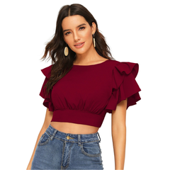 Ruffle Sleeve Burgundy Crop Top