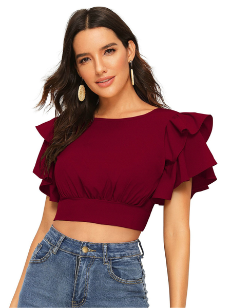 Ruffle Sleeve Burgundy Crop Top