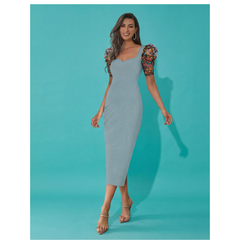 Emerald Glam Puff-Sleeve Midi Dress -DNK