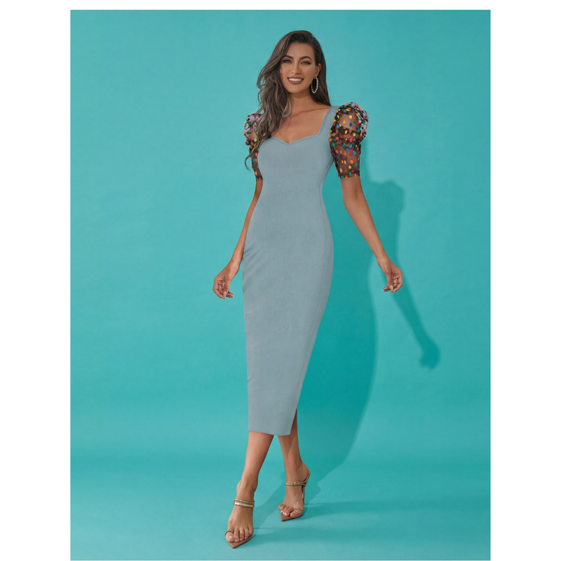 Emerald Glam Puff-Sleeve Midi Dress -DNK