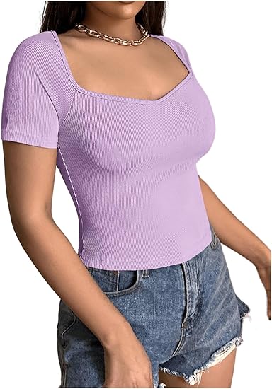 Square Neck Ribbed Cropped Top Short Sleeve DZ-2