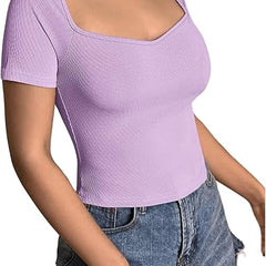 Square Neck Ribbed Cropped Top Short Sleeve DZ-2
