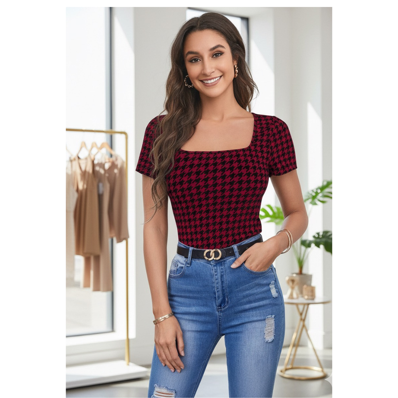 Printed Stretch Fit Top Checkered