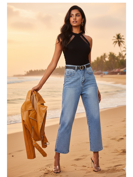 Chic Black Mesh Panel Halter Neck Top DNK