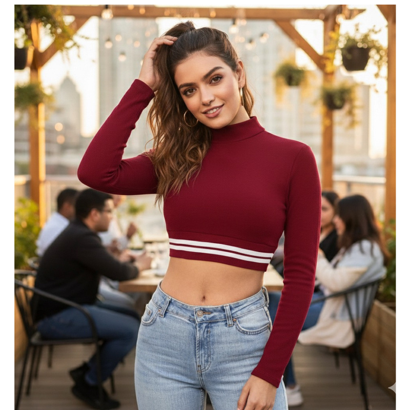 Sporty Striped Mock Neck Crop Top-DNK