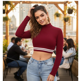 Sporty Striped Mock Neck Crop Top