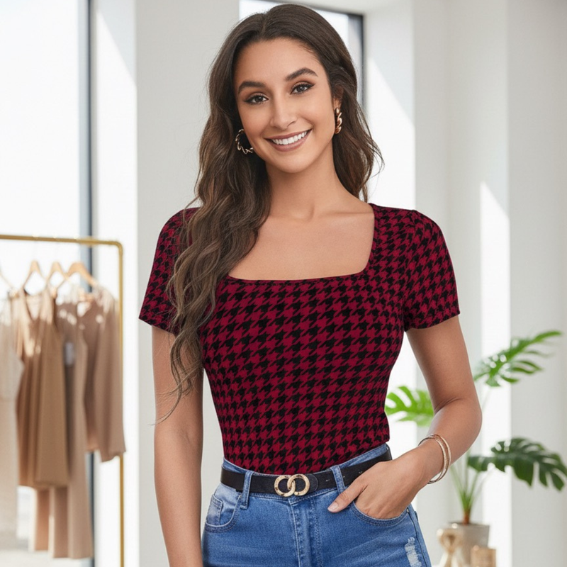 Printed Stretch Fit Top Checkered
