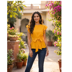 Sleeve Belted Peplum Top-DNK