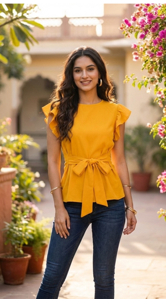 Sleeve Belted Peplum Top-DNK