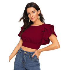 Ruffle Sleeve Burgundy Crop Top