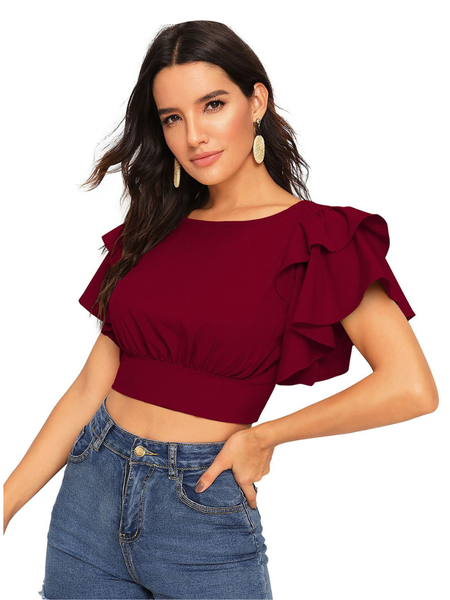 Ruffle Sleeve Burgundy Crop Top