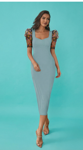 Emerald Glam Puff-Sleeve Midi Dress