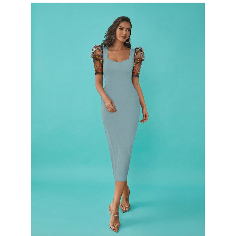 Emerald Glam Puff-Sleeve Midi Dress -DNK