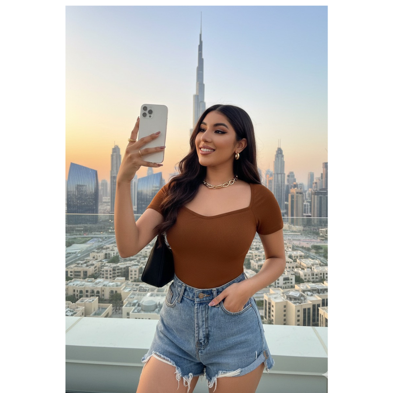 Square Neck Ribbed Cropped Top Short Sleeve DZ-2