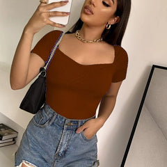 Square Neck Ribbed Cropped Top Short Sleeve DZ-2