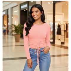 Soft Coral Long Sleeve Ruched Top -DNK