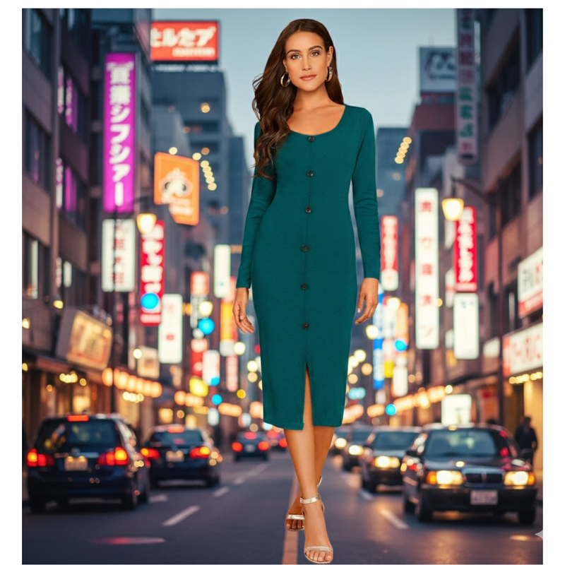 Teal Button-Front Bodycon Midi-DNK