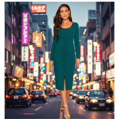 Teal Button-Front Bodycon Midi