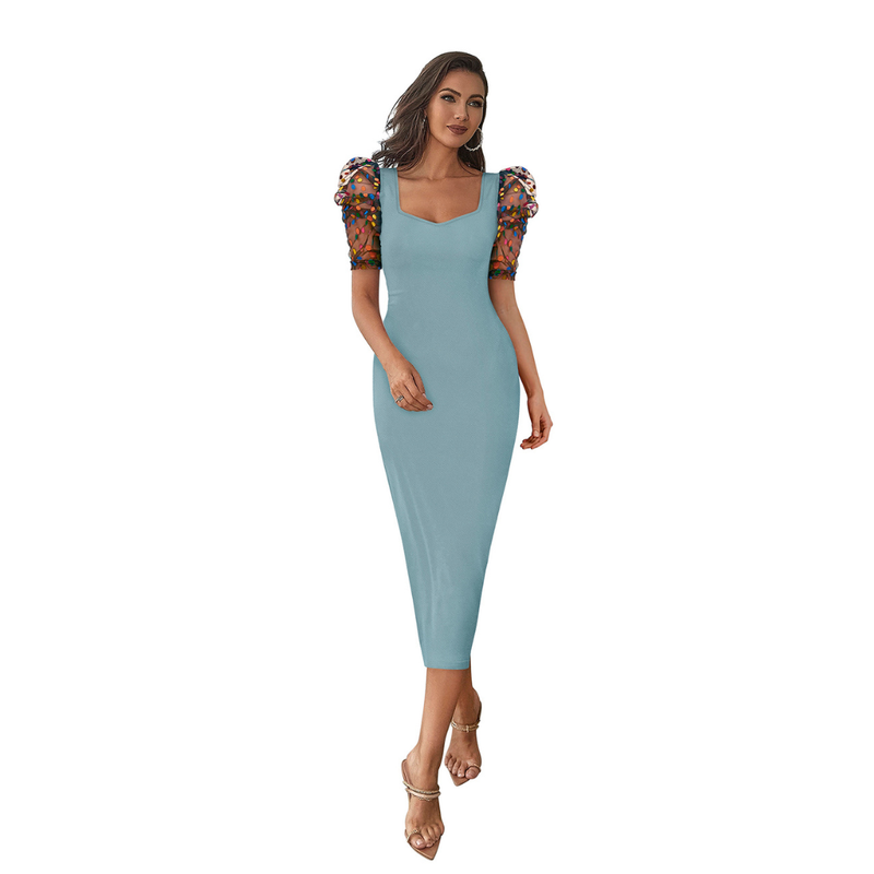 Emerald Glam Puff-Sleeve Midi Dress -DNK