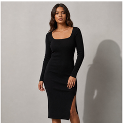 Square Neck Long Sleeve Slit Midi Dres