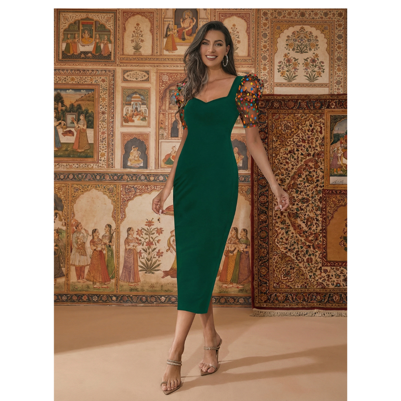 Emerald Glam Puff-Sleeve Midi Dress -DNK