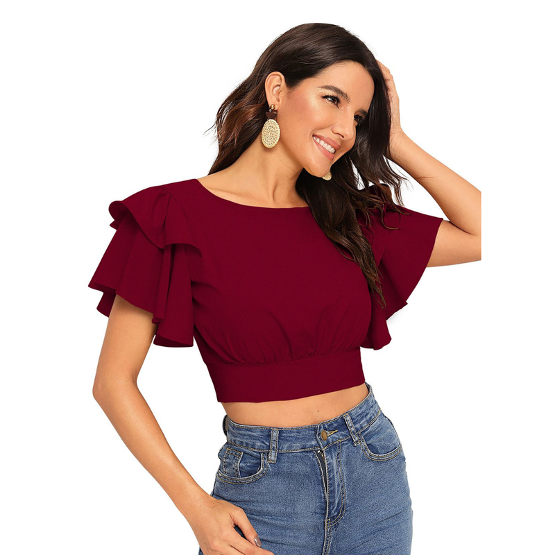 Ruffle Sleeve Burgundy Crop Top