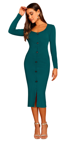 Teal Button-Front Bodycon Midi