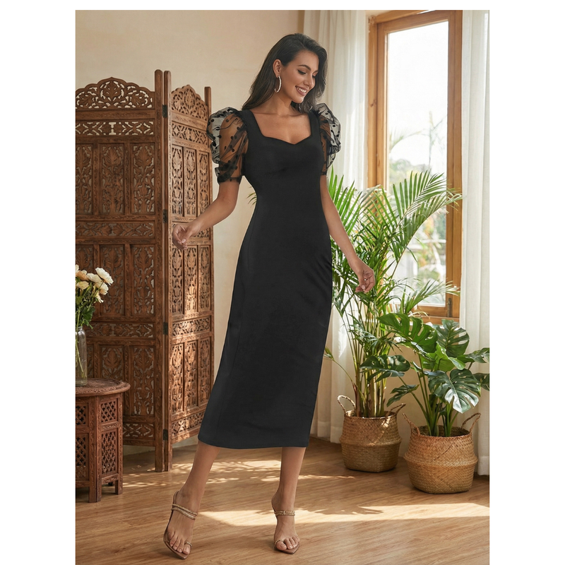 Emerald Glam Puff-Sleeve Midi Dress -DNK