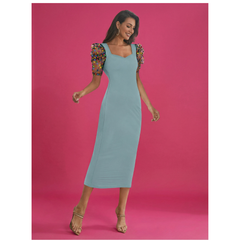 Emerald Glam Puff-Sleeve Midi Dress -DNK