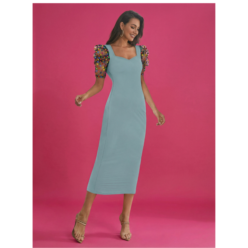 Emerald Glam Puff-Sleeve Midi Dress -DNK