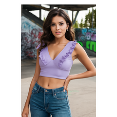 White Ruffled V-Neck Cropped Top DNK