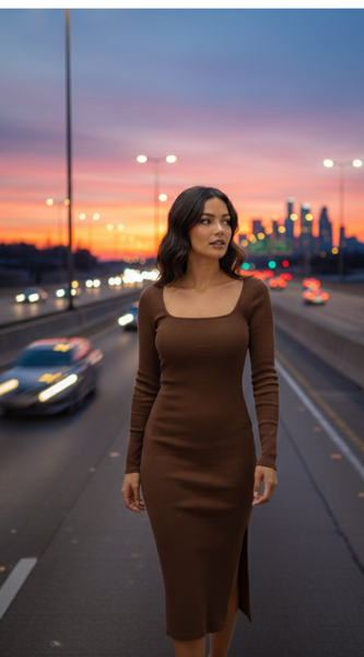 Square Neck Long Sleeve Slit Midi Dress-DZ-17