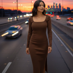 Square Neck Long Sleeve Slit Midi Dres