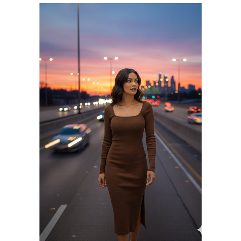 Square Neck Long Sleeve Slit Midi Dres