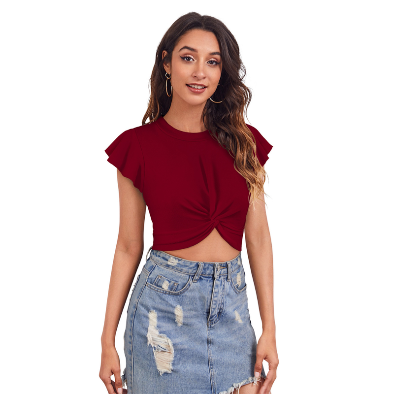 Twist Front Flutter Sleeve Crop Top