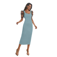 Emerald Glam Puff-Sleeve Midi Dress -DNK